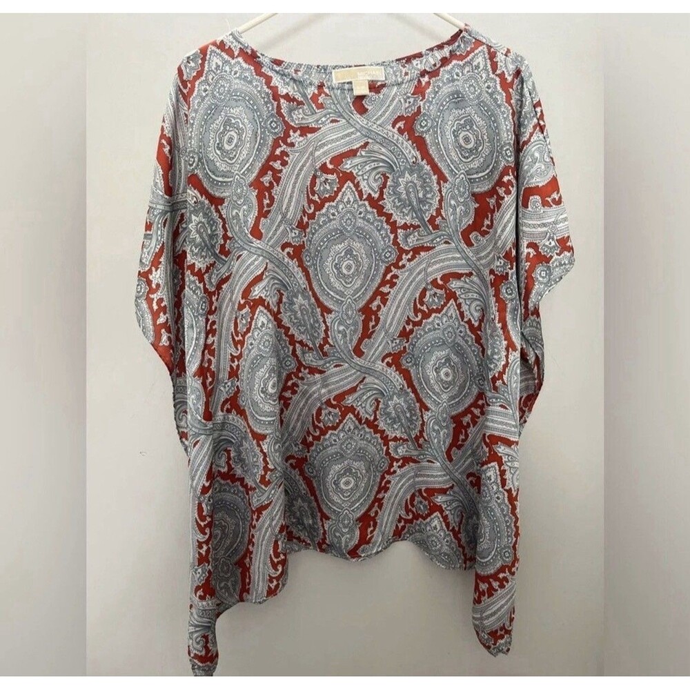 Michael Kors Paisley Print Tunic Top Boho Poncho Summer Silky Lightweight S/M